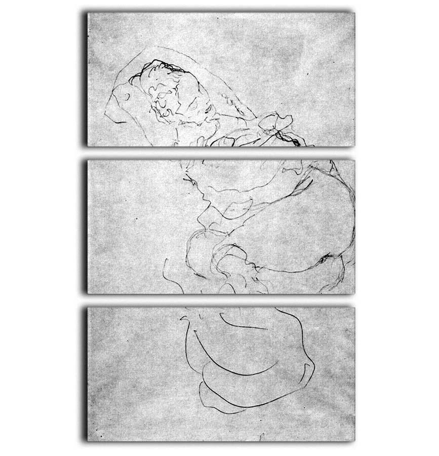 Three-panel canvas art featuring Klimt's Liegender female with entangled arms, showcasing intricate details and vibrant colors.